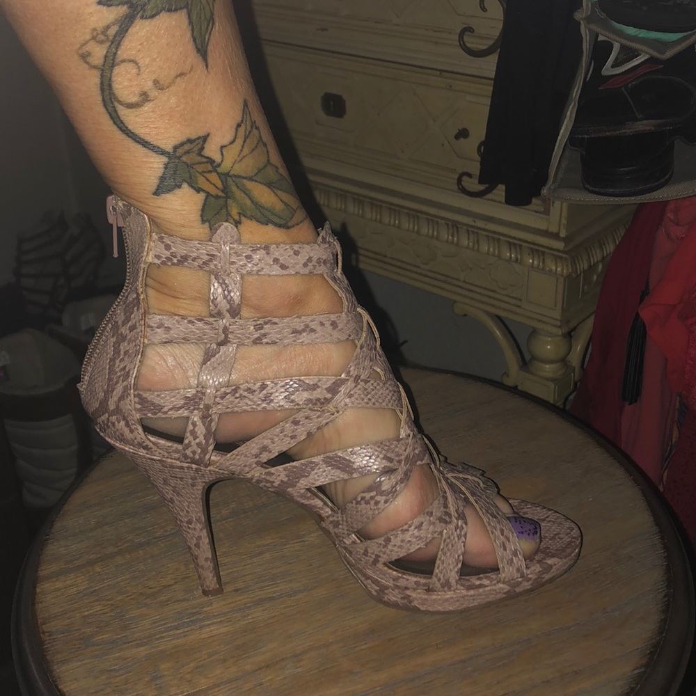 High heel snake print sandals that zip up the back